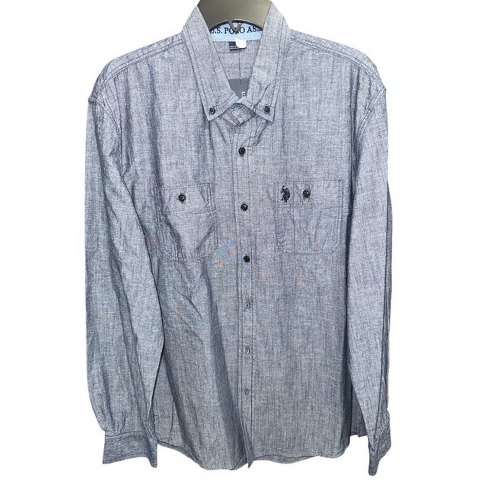 US Polo Assn Large Shirt Denim Blue Color Woven Button Pockets Logo Long Sleeves
